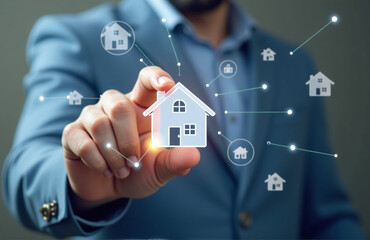 A Man Touches A Virtual House Icon To Analyze Mortgage Loans And Insurance On Real Property Investments With Variable Interest Rates.