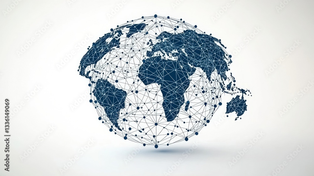 Poster abstract global network visualization with interconnected nodes and lines in blue and white