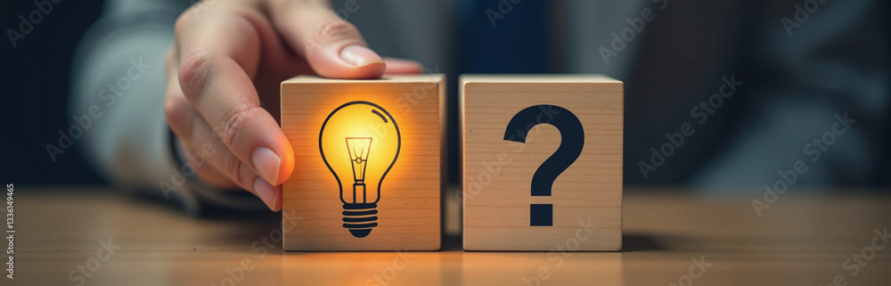 Poster A Hand Touches A Glowing Light Bulb On One Side And A Question Mark On The Other Of A Wooden Cube For Brainstorming Solutions Ideas.