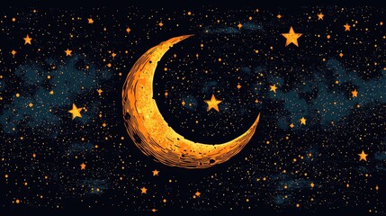 Naklejka premium Moon and Stars Night Sky Illustration with Artistic Orange Crescent and Twinkling Bodies