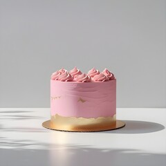 Single pink and gold cake object prominently placed against a pure white background