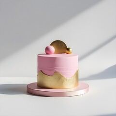 Single pink and gold cake object prominently placed against a pure white background