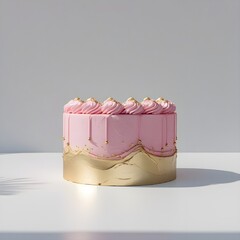 Single pink and gold cake object prominently placed against a pure white background