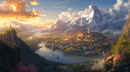 Golden valley majestic mountain peaks glowing warm sunlight lush green landscape breathtaking panoramic view tranquil atmosphere serene nature dramatic sky picturesque beauty dreamlike scenery art