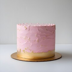 Single pink and gold cake object prominently placed against a pure white background