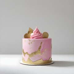 Single pink and gold cake object prominently placed against a pure white background