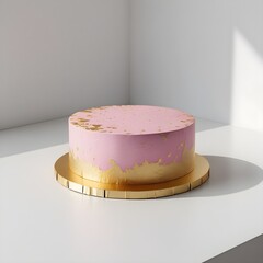 Single pink and gold cake object prominently placed against a pure white background