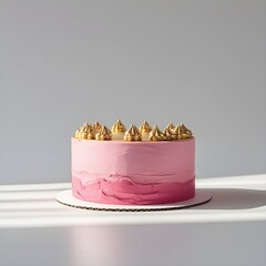Single pink and gold cake object prominently placed against a pure white background