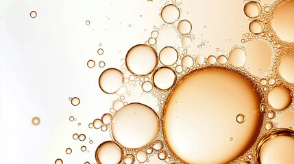 Close-up of golden oil bubbles glowing on white background, symbolizing luxury skincare with natural ingredients, molecular science, and premium beauty product elegance.