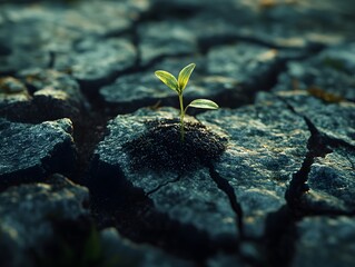 Small Sprout Growing in Cracked Earth Symbolizing Hope and Resilience
