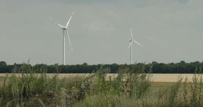 Wind turbines rotating in agricultural landscape generating green energy