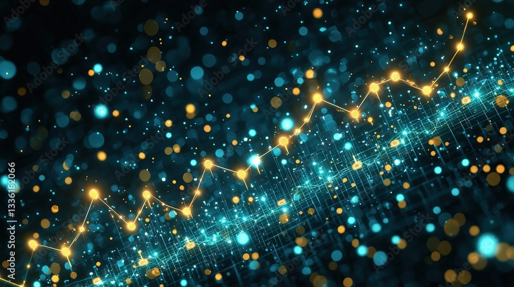 Poster abstract financial data visualization with glowing particles and dynamic graph elements