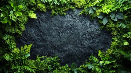 Green plants and moss surround a dark rock wall texture