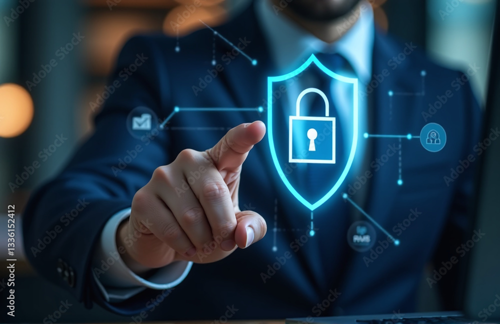 Poster a businessman touches a virtual security icon on his computer monitor to ensure online protection an