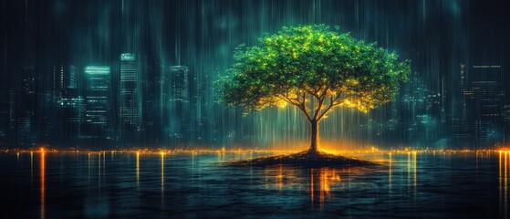Obraz premium A glowing tree standing in water beside a distant cityscape