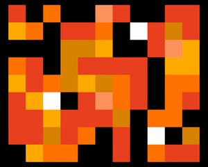 Abstract geometric pattern with red, orange, yellow, black, and white square shapes. 