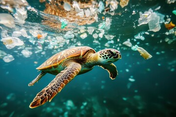 A sea turtle swimming through polluted waters filled with plastic debris and trash