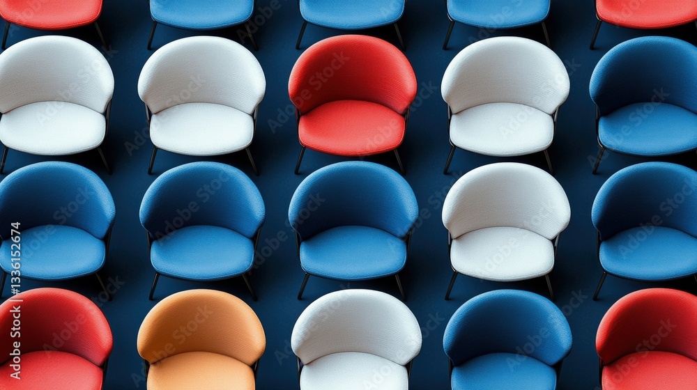 Aufkleber colorful array of modern chairs in geometric pattern on dark background