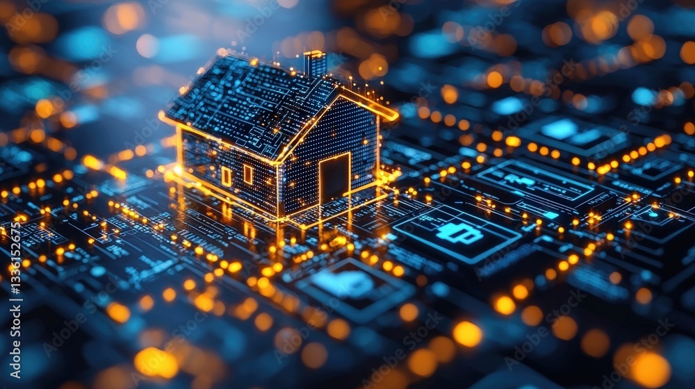 Poster digital representation of house on electronic circuit board background with glowing effect