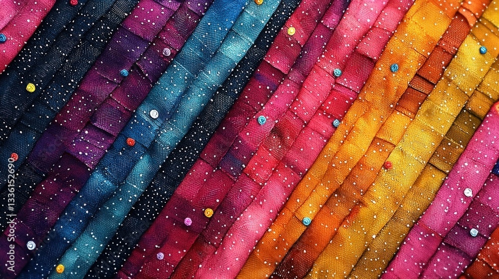 Poster vibrant multicolored fabric with textured stripes and colorful dots on dark background
