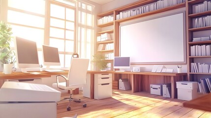 White and wooden office room with mockup blank