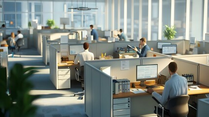 A corporate office environment with cubicles