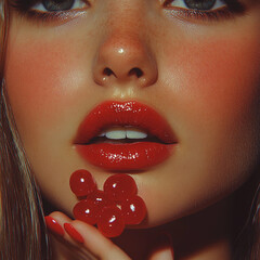 Artistic Portrait of a Woman with Red Caviar Beads and Glossy Lips