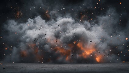 Explosive aftermath of a powerful detonation.  A dark, smoky scene, filled with flying debris and intense heat, against a vast backdrop