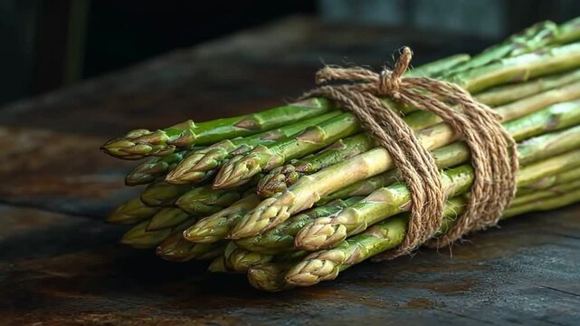 This video showcases a bundle of green asparagus beautifully arranged and tied with twine. Ideal for gourmet cooking and healthy eating. A perfect visual for food lovers. Generative AI