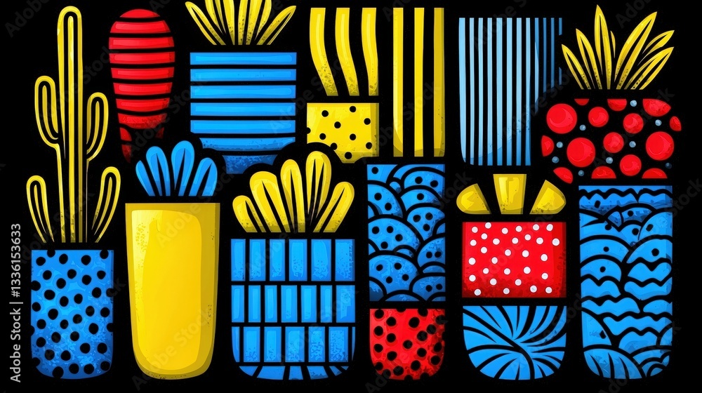 Aufkleber bright and colorful potted plants in abstract design with geometric patterns and shapes