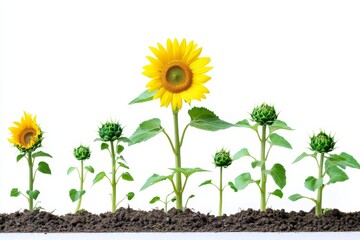 Sunflower plant depicted in various stages of growth, showcasing its lifecycle from seedling to blooming, isolated on a white background