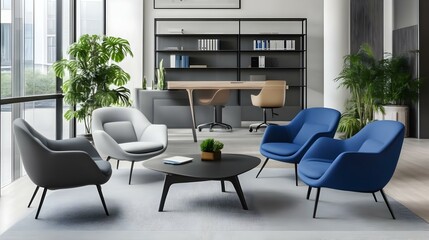 Gray and blue open space office with armchairs