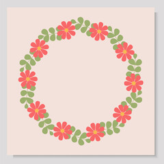 Spring Floral Wreath Pink Flowers and Green Leaves in a Circular Botanical Frame. Elegant Spring Design for Invitations, Greeting Cards, or Decorative Elements. Perfect for Romantic and Nature Themed