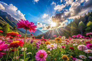 Fototapeta premium Blooming Flower Meadow in Mountain Landscape
