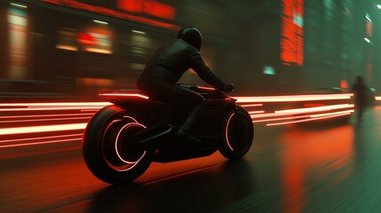 Obraz premium Cyberpunk Motorcyclist Riding at Night, Futuristic Transport