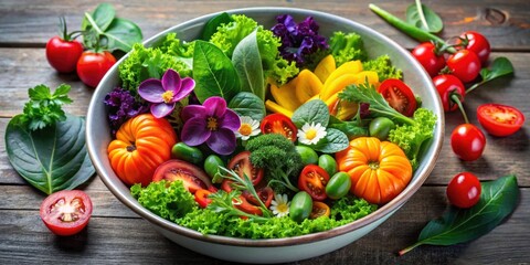 A vibrant and colorful bowl of fresh garden vegetables, including various lettuces, tomatoes, edible flowers, and other assorted greens, arranged artfully for a healthy and visually appealing meal.