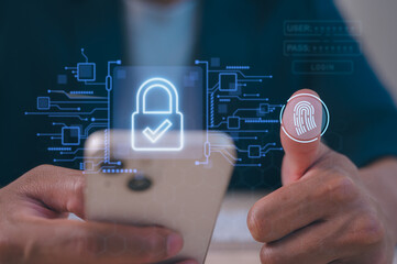 Man using smartphone scan Fingerprint biometric identity approval access to system online network, Secure access granted by valid fingerprint scan, Business technology safety internet network concept