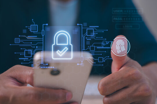 Man using smartphone scan Fingerprint biometric identity approval access to system online network, Secure access granted by valid fingerprint scan, Business technology safety internet network concept