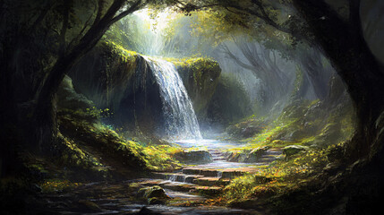 Glowing mystical cave ethereal golden light hidden underground waterfall enchanted fantasy landscape serene mysterious presence soft shimmering reflections breathtaking cinematic artistic vision