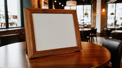 Stylish mockup of a wooden frame on a table in a cafe for menus or announcements.