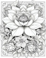 A beautifully intricate line art illustration of various flowers including a prominent lotus