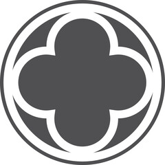 Gothic circle rose window with medieval ornament. Cathedral rosette. Christian architecture element with stained glass. Radial frame.