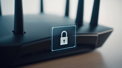 Cybersecurity and Cloud Security Protection, Secure router with digital lock icon, emphasizing cybersecurity