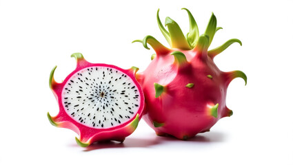 Obraz premium close-up view of a whole and sliced dragon fruit against a white backdrop