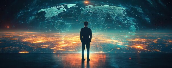 Business visionary standing before a giant roadmap of economic opportunities and global trade expansion