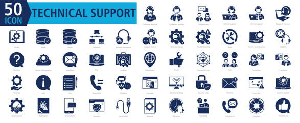 Technical Support Icon Set with Customer Services, Customer Services, Conversation, Online Support, Online Support, Support  Services, Guide, Server, Server, and Network