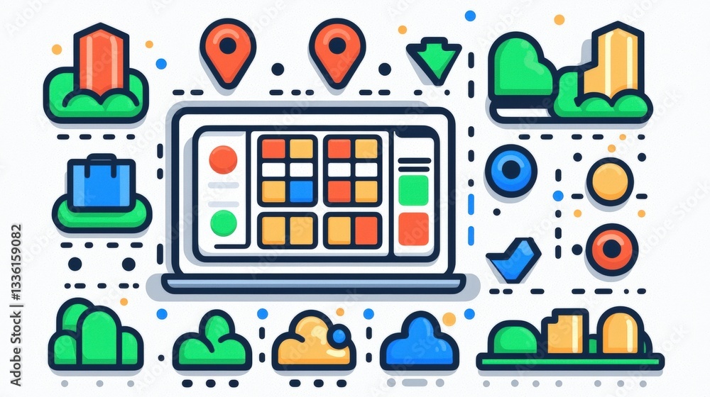 Poster digital illustration of business analytics with colorful graphs and icons for data visualization