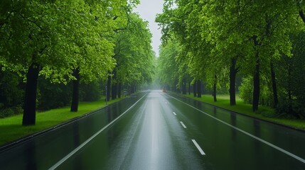 Obraz premium Glistening wet asphalt road reflecting trees after rain serene and scenic drive