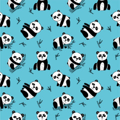 Obraz premium Vector seamless pattern of hand drawn pandas in doodle style