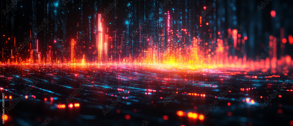Poster dynamic digital landscape with glowing data visualizations and vibrant colors